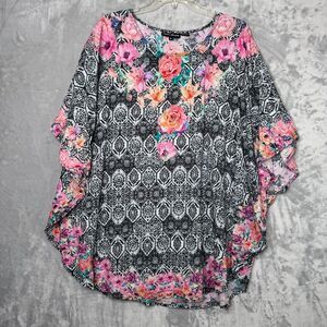 Tolani Top Womens XL Black White Pink Floral Kimono Sleeve Boho Pullover Art